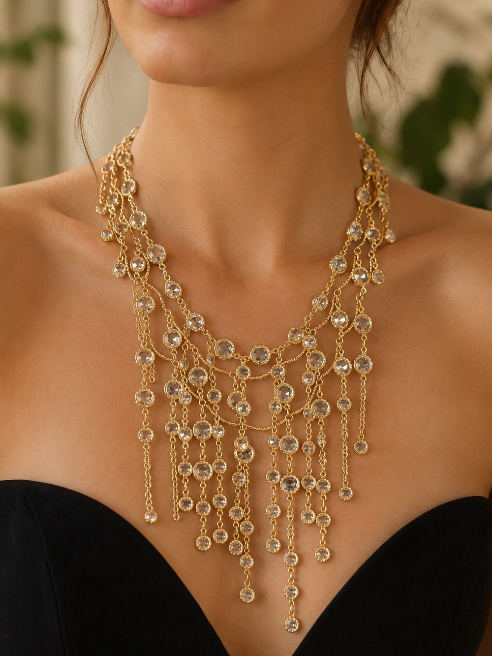 Anthropologie 14K Gold-Plated Crystal Fringe Statement Necklace MSRP $120